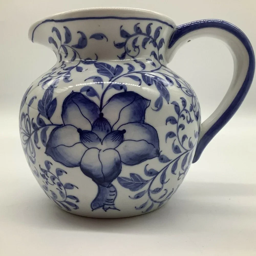 Andrea By Sadek Small Blue and White Pitcher/